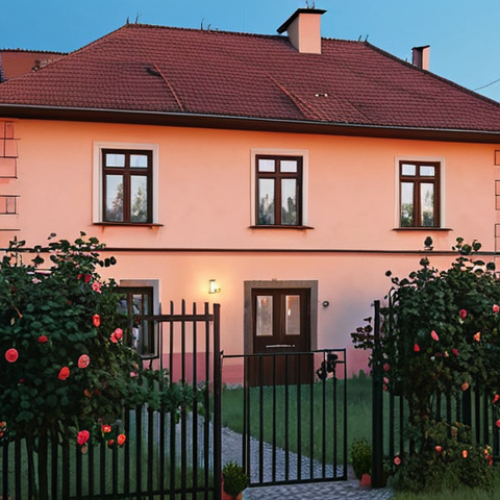 Home 19 "A fortified suburban house at dusk, showing reinforced doors and windows with anti-burglar film. Rose bushes climb a high fence surrounding the property. The overall scene conveys a sense of preparedness and security against an unseen threat, Polish countryside."